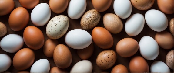 Chicken eggs of different colors and sizes.