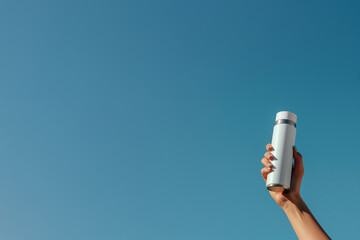 main tenant une gourde pour boisson chaude ou froide, thermos, bouteille isotherme en métal émaillée en blanc et chrome sur un fond bleu azur avec espace négatif copy space.