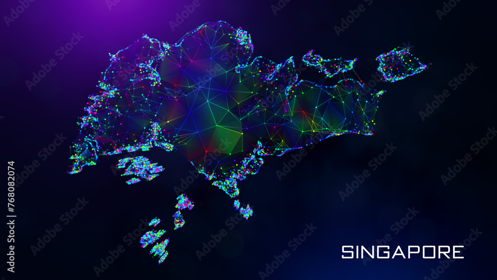 Poster futuristic singapore map polygonal blue purple colorful connected lines and dots network wireframe w