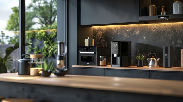  Modern appliances on wooden table in contemporary kitchen