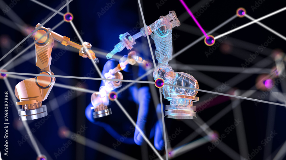 Poster Neural network 3D illustration. Big data and cybersecurity - 3d