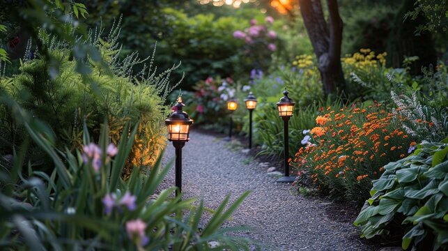 Solar landscape lights along a garden path