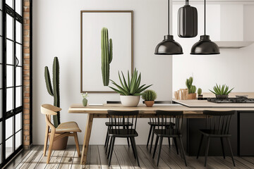 Mock-up tableau représentant un cactus, dans une cuisine ouverte, cuisine américaine, avec table à manger dans la continuité du plan de cuisson, chaises bois et acier et fenêtre, luminaire style indus