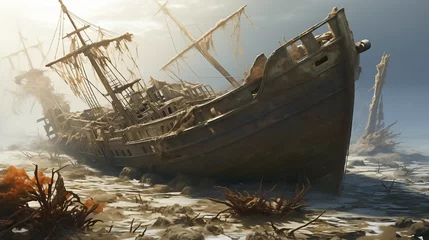 Deurstickers An HD capture of a shipwreck aftermath: two boats entangled, their collision unraveling the mystery of the "empty ship effect," where the vessel’s interior holds memories and emotions, even in its aba © Hasnain Arts