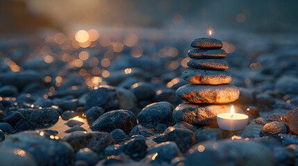 stack of stones and candle light, generative ai - obrazy, fototapety, plakaty