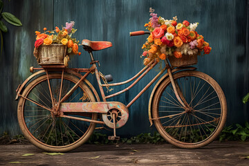 Fototapeta na wymiar A bicycle with a basket full of flowers on it.