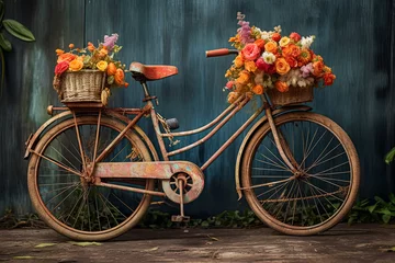 Foto op Canvas A bicycle with a basket full of flowers on it. © Алла Морозова