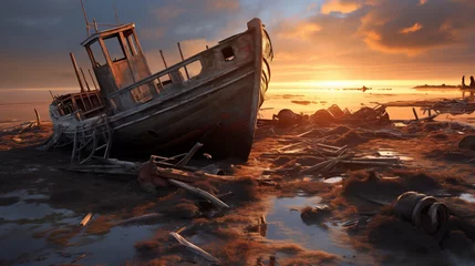 Rolgordijnen old boat on the beach, An HD capture of a shipwreck aftermath: two boats entangled, their collision unraveling the mystery of the "empty ship effect," where the vessel’s interior holds memories  © Hasnain Arts