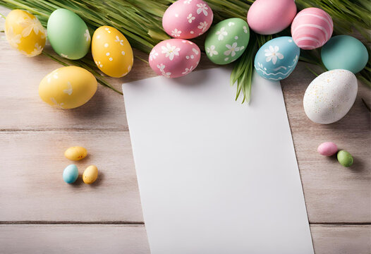 Wooden table adorned with Easter eggs, flowers, and blank paper, ideal for Easter Sunday wishes.