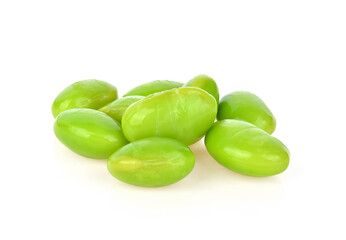 Green soy beans seeds isolated on white background.