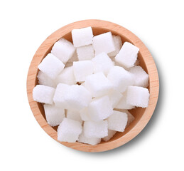 White sugar cubes in wooden bowl isolated on white background