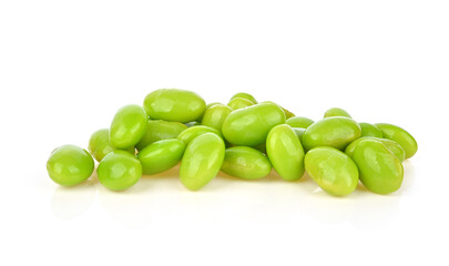 Green soy beans seeds isolated on white background.