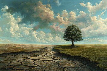 This conceptual image portrays the stark difference between a thriving, green field and a dry, desolate area, with a resilient tree symbolizing growth and vitality amidst the changing environmental  - obrazy, fototapety, plakaty