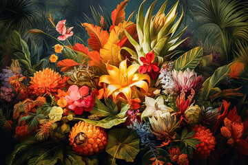 A painting of a colorful flower garden with a blue bird on top.