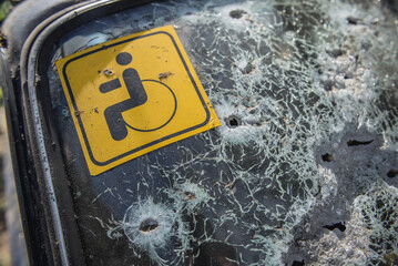 Car destroyed during mortar fire in Sloviansk during Russo-Ukrainian War in Donbas region, Ukraine