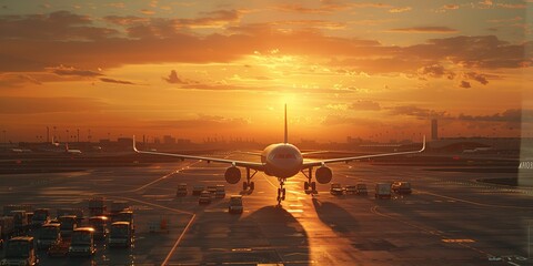  Sunset at the Busy Airport Runway - obrazy, fototapety, plakaty