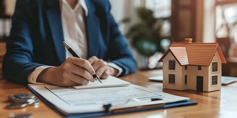 Guidance from Real Estate Agent on Insurance Form for Mortgage Loan Offer at Office. Concept Real Estate Agent, Insurance Form, Mortgage Loan Offer, Office, Guidance - obrazy, fototapety, plakaty
