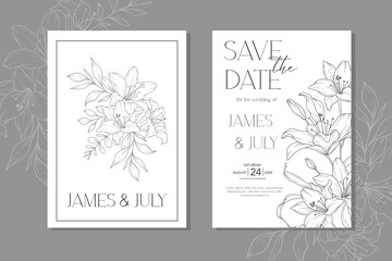 Line Art Lily Flower  Wedding Invitation template,  Outline Lily Minimalist Wedding Stationery