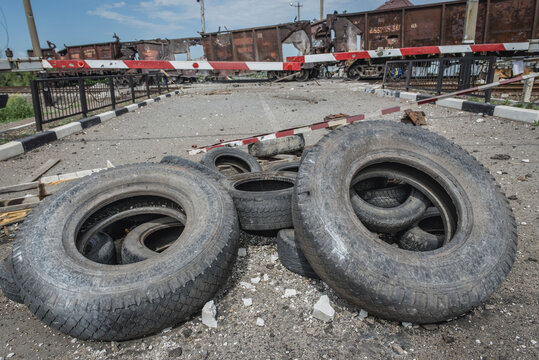 Level crossing on frontline positions of pro-russian separatists in Sloviansk during Russo-Ukrainian War in Donbas, Ukraine