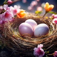 Fototapeta na wymiar Easter eggs in a nest on a background of spring blooming spring flowers