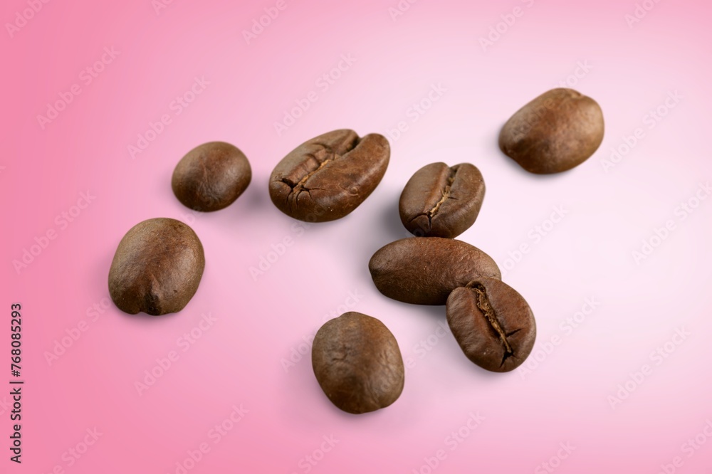 Poster many roasted aroma coffee beans on color background