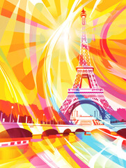 Eiffel Tower, on an abstract background, in pink and yellow colors. Drawing, Paris, France. - 768085239