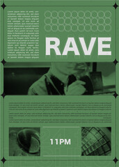 Flyer of rave party template. With halftone elements with a man who drinks cocktails. Green and black colors. Grunge trendy collage design. Vector art.