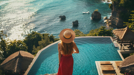 Obraz premium Rich lady on the coast surrounded by luxury villas AI