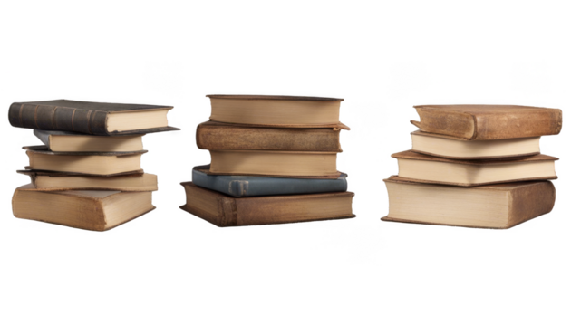Pile of old books collection isolate on transparent background, cutout, png