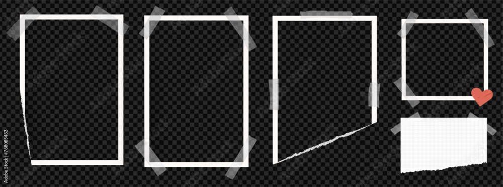 Aufkleber Set of vertical snd squareframe photo. Picture album template with tape. Vector paper page for image. Photograph blank element on trandparent background.