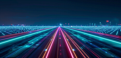 A futuristic neon highway stretching into the distance, lined with rows of dazzling city lights that create a mesmerizing nighttime scene