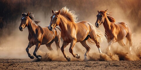 Horses Charging Through Dusty Terrain - obrazy, fototapety, plakaty