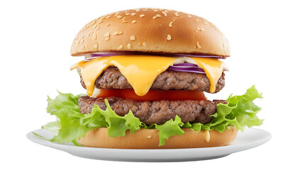 Beef burger with cheese and salad on disk isolate on transparent background, cutout, png