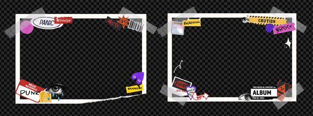 Photo frame for pictures with grunge puck stickers. Vector album template with piece of tape. Scrapbook on transparent background as a png. Ripped border paper.