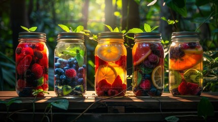 Assorted Fruits in Infused Water Jars with Sunlight
