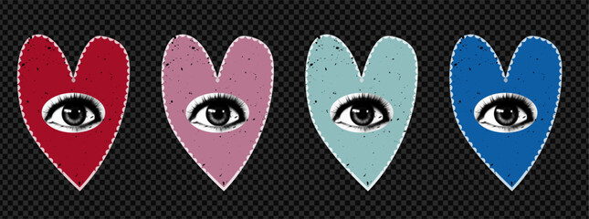 Set of collage elements of hearts. Valentine's day art with eyes. Quirky odd art.  Vector paper and halftone texture