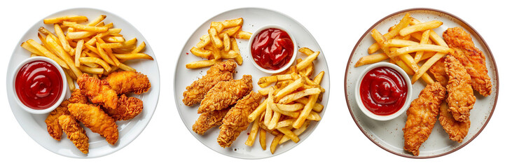 Set of Plate of Chicken Strips and French Fries top view isolated on a transparent background