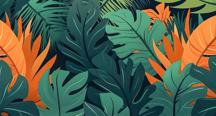 A lush green jungle with orange leaves - obrazy, fototapety, plakaty