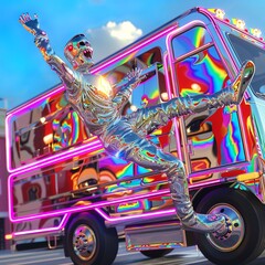 goofy caricature silver reflecting ultraman dancing up upon a bossa nova advertising truck - obrazy, fototapety, plakaty