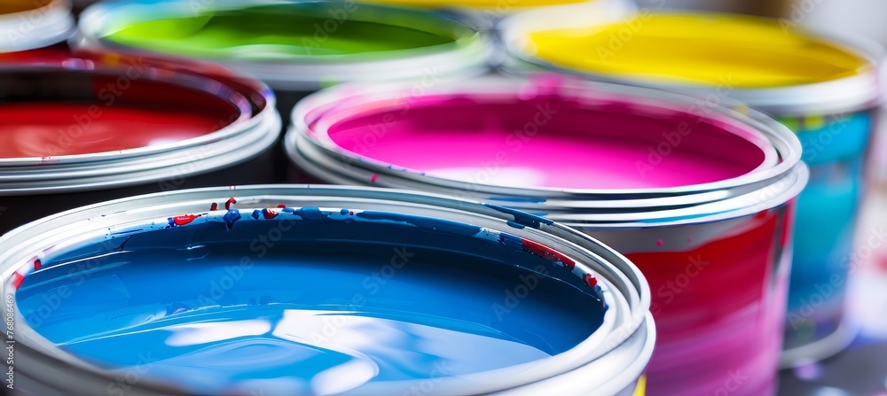 Poster assorted open cans of paint showcased on a vivid and diverse color palette background
