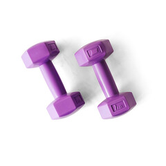 violet dumbbell weights for fitness and training, with transparent background and shadow