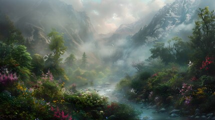 Enchanting Misty Mountain Forest with Flowing River and Cascading Waterfall in Dreamlike Landscape - obrazy, fototapety, plakaty