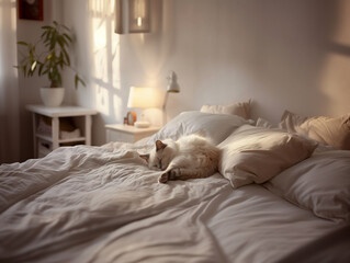 cat sleep in white bed room