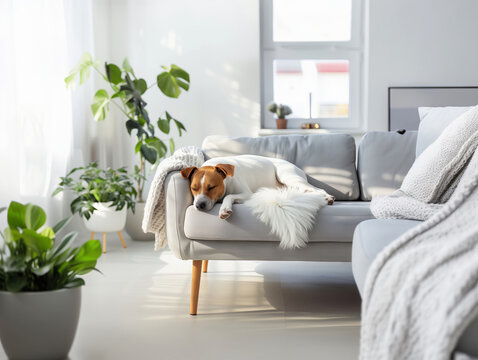 Dog sleep on sofa in white living room