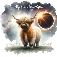 Fototapeta premium My First Solar Eclipse 08.04.2024 Highland Cow Image Watercolor Clipart, PNG