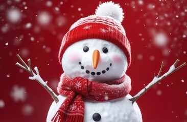 Winter Festive Christmas Background Banner - Close-up of a cute funny laughing snowman in a woolen hat and scarf, on a snowy snowy landscape