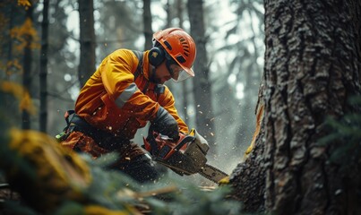 Action shots of lumberjack in orange suit and safety helmet cutting the trees with chainsaw in the amazing forrest. - obrazy, fototapety, plakaty