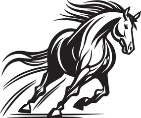 Beautiful black and white vector illustration of a majestic running horse silhouette in dynamic motion and graceful movement, representing the strength and freedom of this spirited equine animal