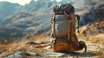 Foto op Canvas Brown filled tourist hiking backpack that stands on the ground. Mountainous terrain in the background. Concept of mountain and hiking tourism in summer © CozyDigital