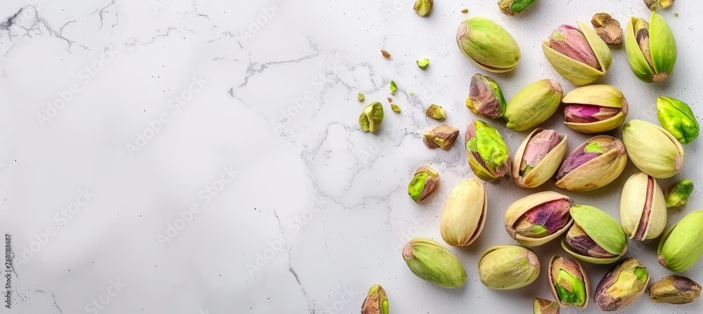 Poster pistachios on bright white surface with ample space for text or graphics, ideal for versatile use